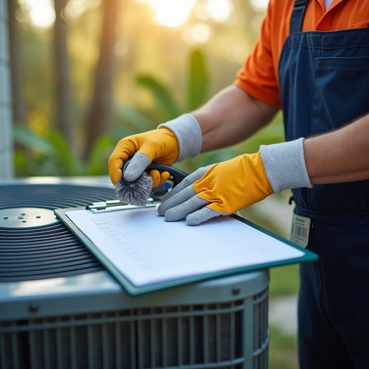 Technician completing an AC maintenance checklist on a Florida air handler