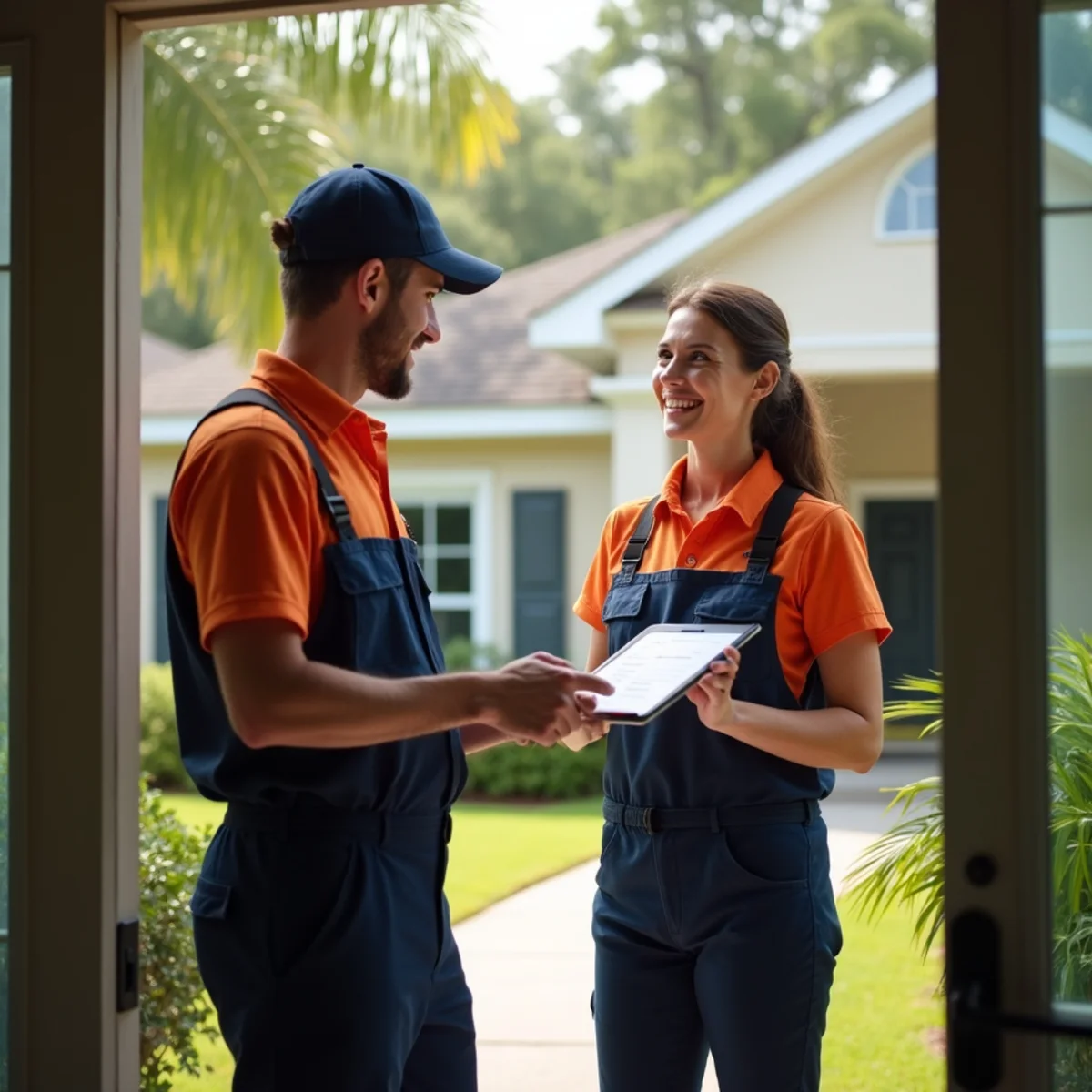 HVAC technician writing up an AC repair estimate for an Orange Park, FL homeowner