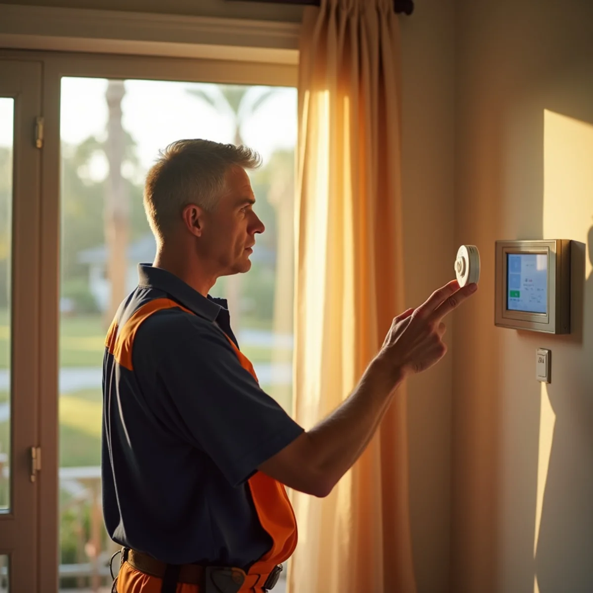 Homeowner checking a thermostat after the AC stopped working in an Orange Park, FL home